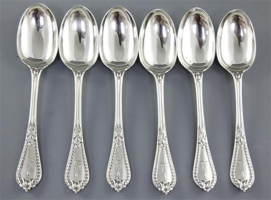 A set of six Victorian silver Grecian pattern dessert spoons, by George Adams, Length: 179mm, weight 12.1oz/378grms